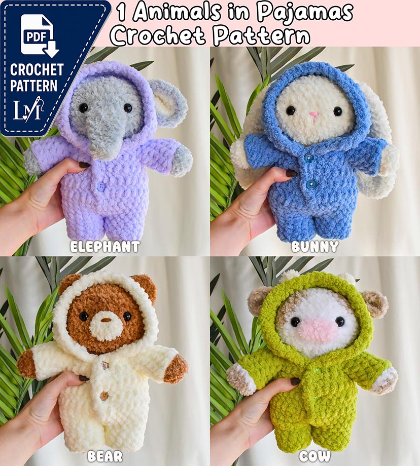 4 in 1 Animals in Pajamas Crochet Pattern Bundle (Amigurumi Elephant, Bear, Cow, Bunny in One Piece Bodysuit Button Up PJS)